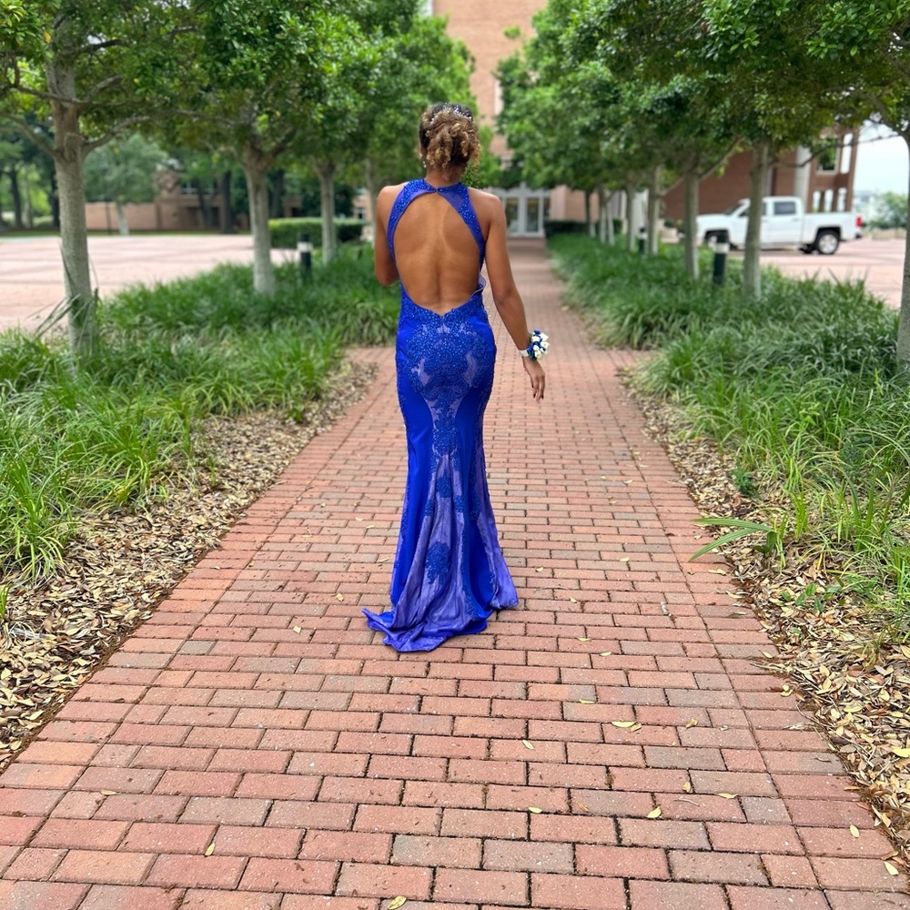 JVN by Jovani Blue Halter Backless Prom Gown